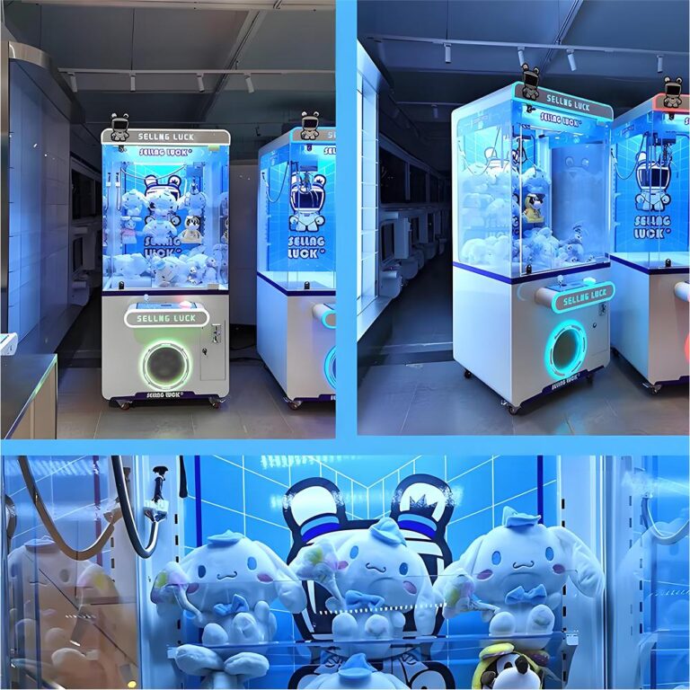 Row of claw machines in a venue with yellow ambient lighting, demonstrating multi-unit installation and colorful prizes.