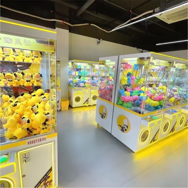 Operational scenes of a blue-lit claw machine with detailed views of the claw mechanism and prize shelves.