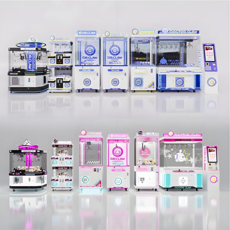 Dual-cabinet arcade crane machine with LED lighting and adjustable claw strength, stocked with plush prizes.