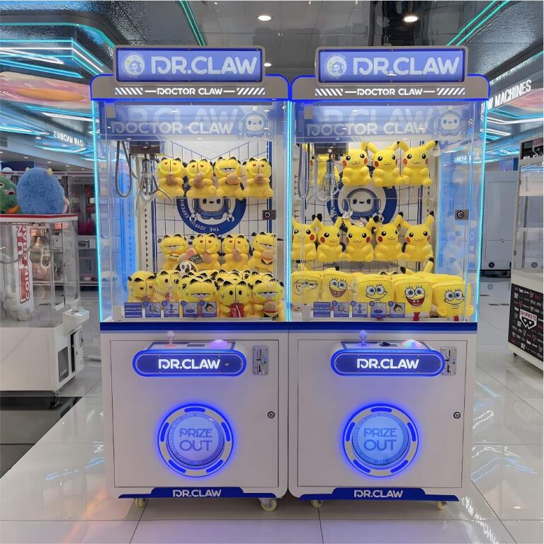 Two customizable claw crane machines with blue LED lighting and plush prizes, front three-quarter view.