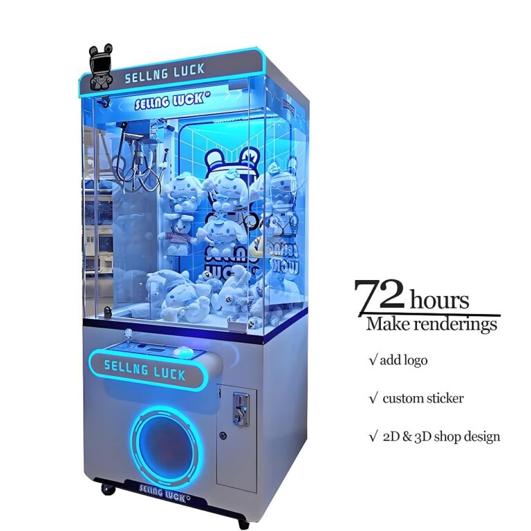 Single blue-lit claw machine promoting 72-hour renderings, logo add-on, custom stickers, and 2D/3D shop design for brand customization.