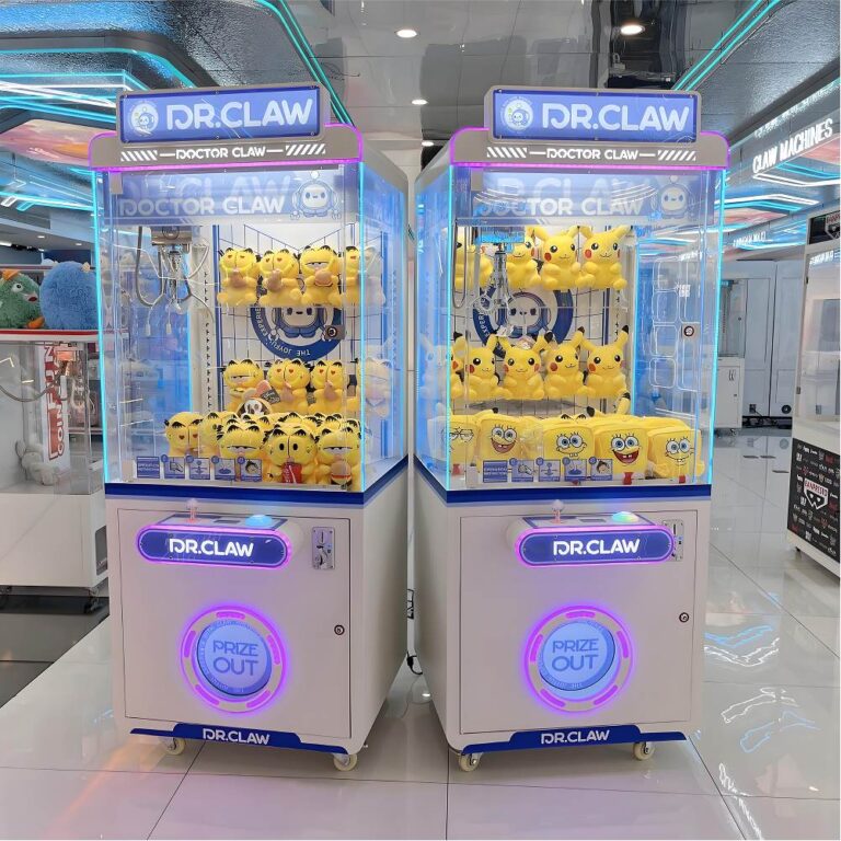 Front view of dual-cabinet DR.CLAW customizable claw machines with blue LED rings and “Prize Out” doors, filled with plush toys.