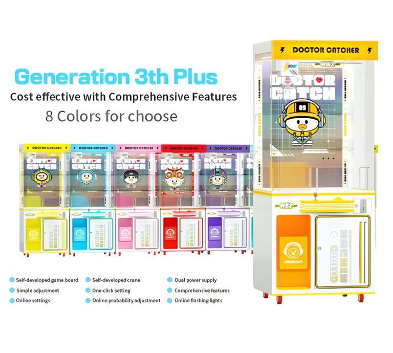 Lineup of Doctor Catcher claw machines in 8 colors highlighting self-developed board and crane, online settings, probability adjustment and LED lighting.