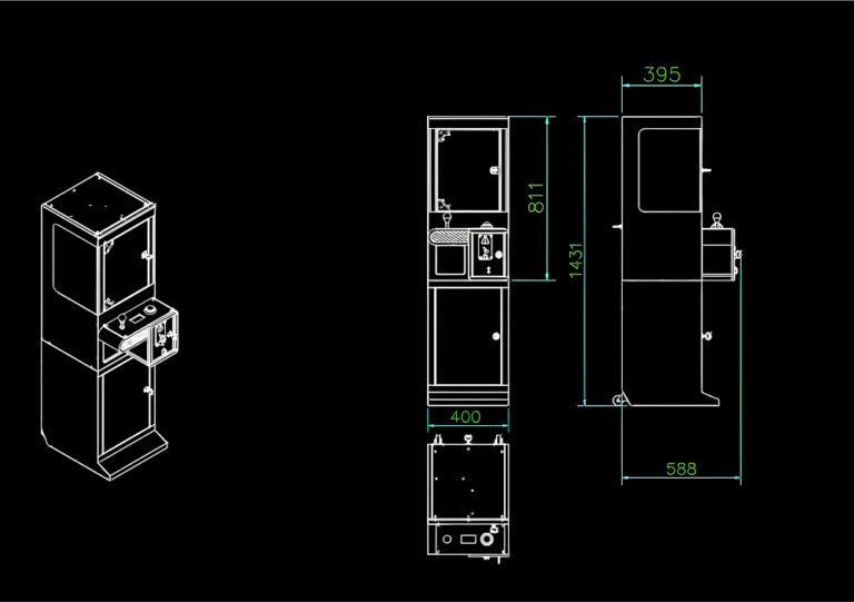 Technical drawing showing Lucky Clamp mini claw machine dimensions: width 400 mm, depth 588 mm, height 1431 mm.