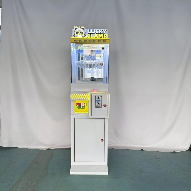 Compact white Lucky Clamp mini claw machine with lighted “Lucky Clamp” marquee and coin mechanism, single-player layout.