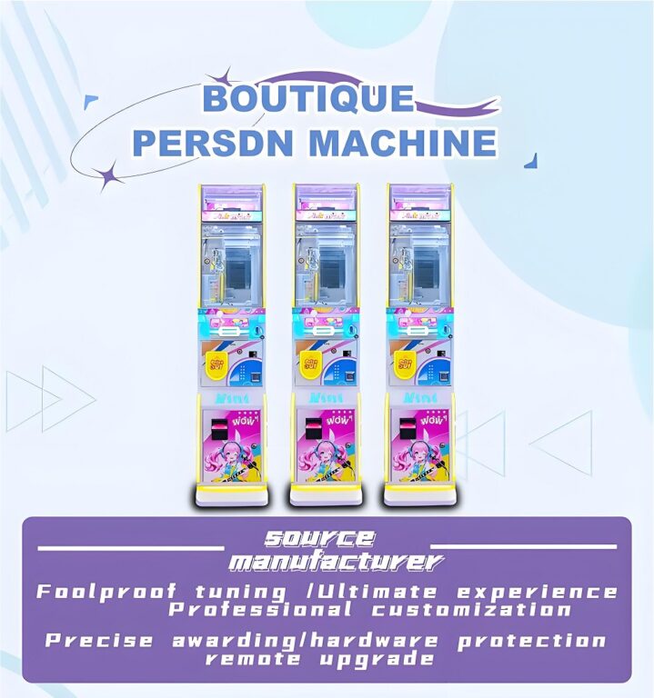 Three identical LeYou "BOUTIQUE PERSON" cranes (corrected OCR) with claw mechanism, control panels, and "WOW!" character graphics. Banner: "SOURCE manufacturer / Professional customization".