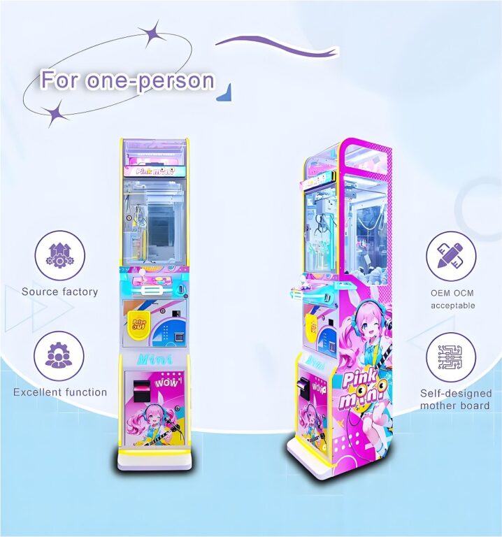 Two pink/blue LeYou cranes for solo play. Features: transparent prize area, control panel, anime art, "Source factory" labeling, and "Self-designed mother board".