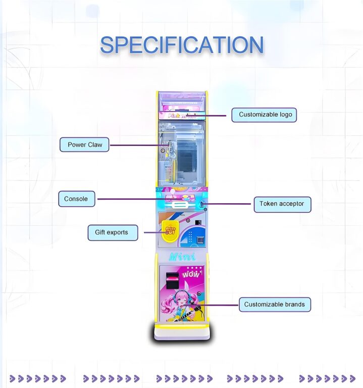 Labeled diagram: "SPECIFICATION" for LeYou crane with custom logo, power claw, console, token slot, gift exports, and branding options. Pink/blue/yellow design.
