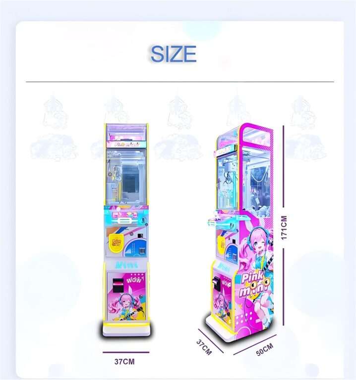 Side-by-side comparison: Left shows 37cm-tall LeYou pink/purple crane with anime girl and "WOW!" text; right shows 171cm tower model with similar branding. Label: "SIZE 37CM / 171CM"