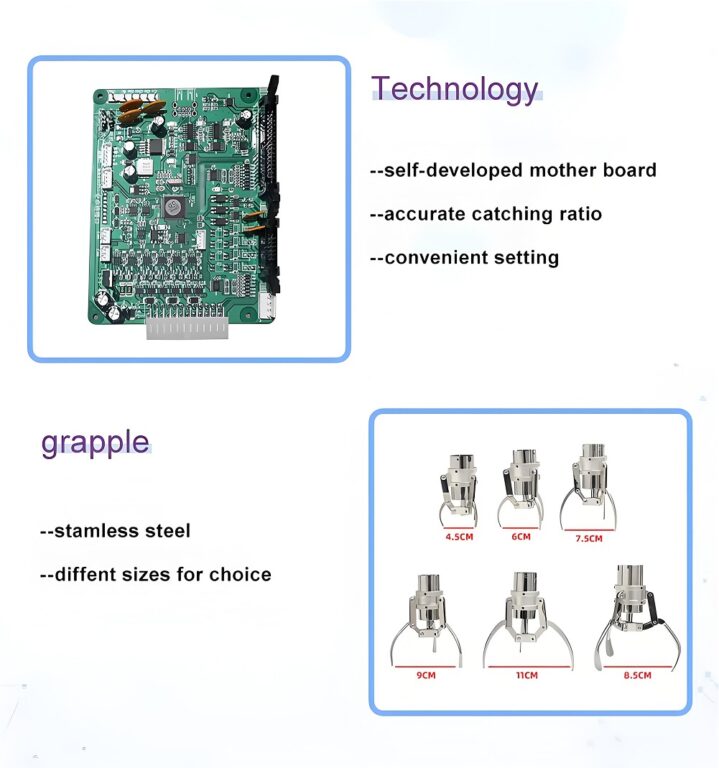 Top: Green PCB with "self-developed board | accurate catching | convenient setting". Bottom: Six stainless claws (4.5CM-11CM sizes) labeled "Grapple".