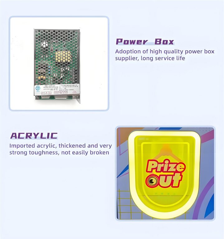 Left: Ventilated "Power Box" unit (long-life). Right: Thickened "Imported Acrylic" panel with yellow "Prize Out" label on multicolor background.