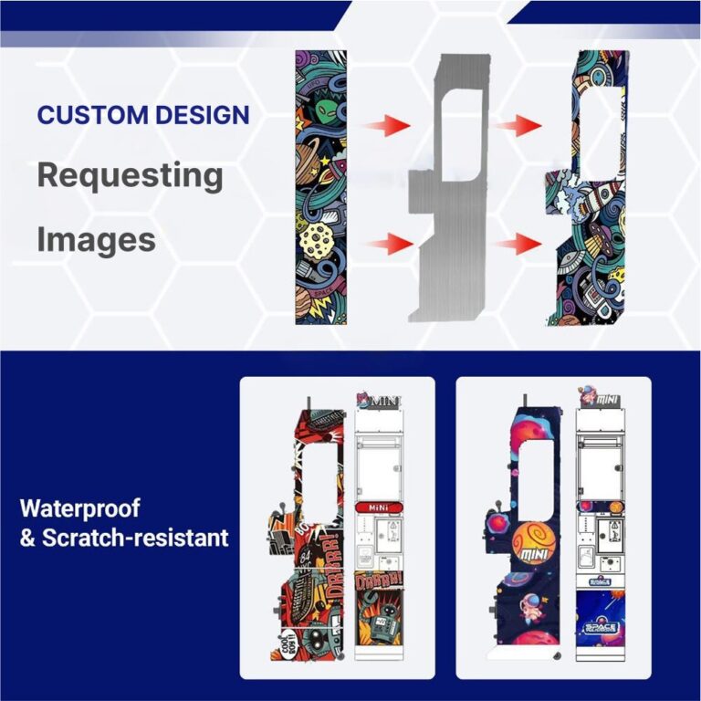 Technical diagram showing colorful space-themed vinyl wrap being applied via red arrows to a gray machine panel with waterproof/scratch-resistant properties.