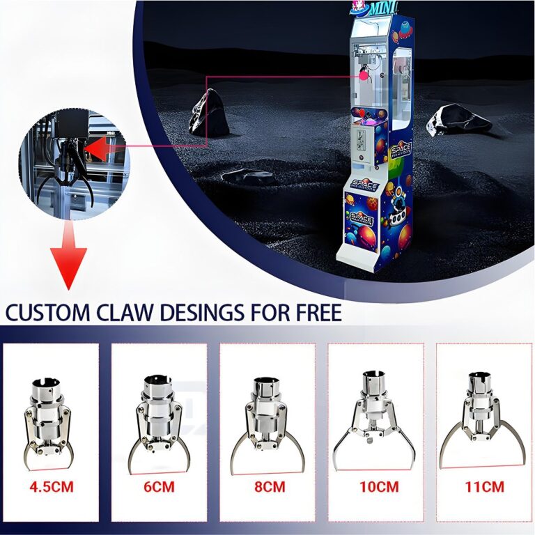 "SPACE INVADERS"-themed LeYou claw machine with five labeled silver claw options: 4.5cm, 6cm, 8cm, 10cm, and 11cm widths available.
