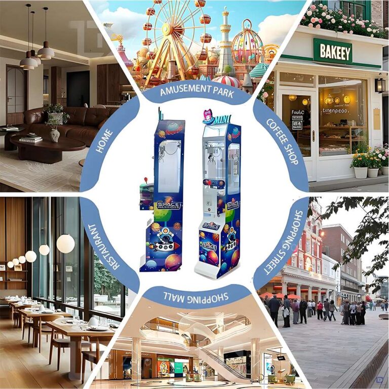 Promotional graphic showing space-themed LeYou claw machine surrounded by six illustrated settings: amusement park, "BAKEY" cafe, shopping street, mall, restaurant, and living room.