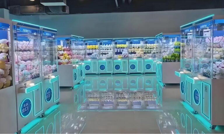 Leyou claw machine showroom with rows of prize cranes and neon blue lighting