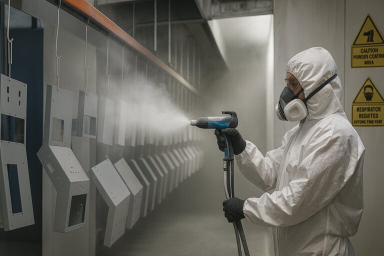Operator powder coating claw machine cabinet panels on a line