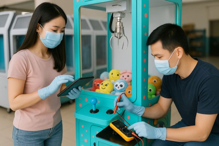 Technicians calibrating claw strength and electronics with a multimeter and tablet