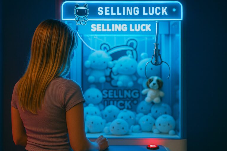 Blonde girl from behind playing a glowing claw machine