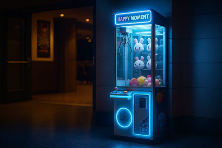 Blue-lit claw machine beside a movie theater entrance.