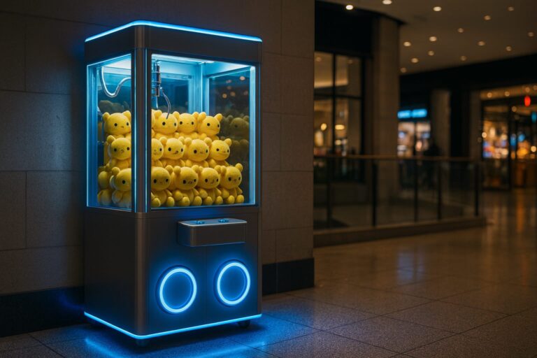 Glowing claw machine filled with yellow plush toys in a mall corner.