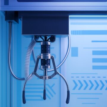 Close-up of a three-prong claw inside a blue claw machine.