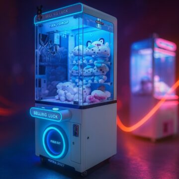 Large neon claw machine with plush toys in a dark arcade.