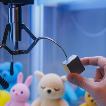 Hand holding a magnet attached to a claw machine above plush toys.