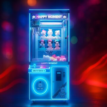 Neon-lit standard claw machine filled with plush toys in an arcade.