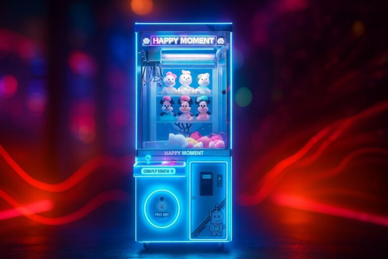 Neon-lit standard claw machine filled with plush toys in an arcade.