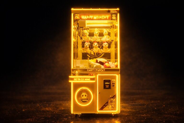 glowing golden claw machine with plush toys inside on a dark background in a 16:9 arcade setting