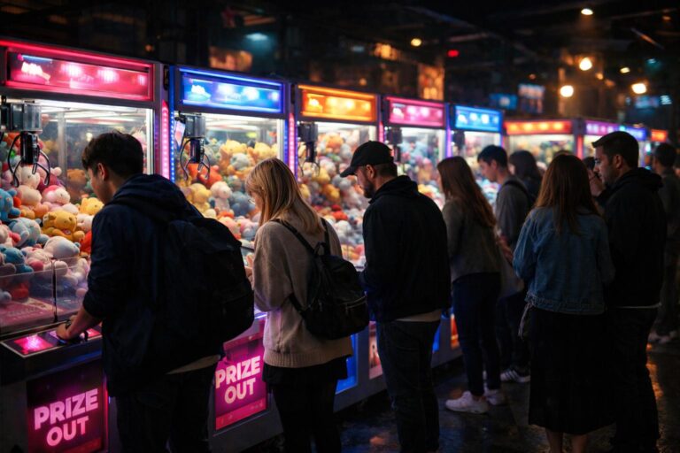 Customers playing illuminated claw machines in an arcade
