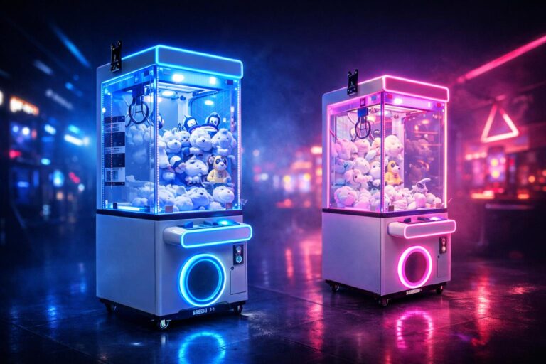 Two glowing claw machines in a dark neon arcade